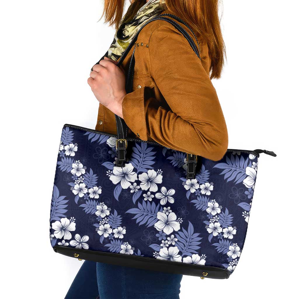 Hawaiian Hibiscus Tribal Floral Blue Leather Tote Bag Polynesian Tapa Pattern LT01 Blue - Polynesian Pride