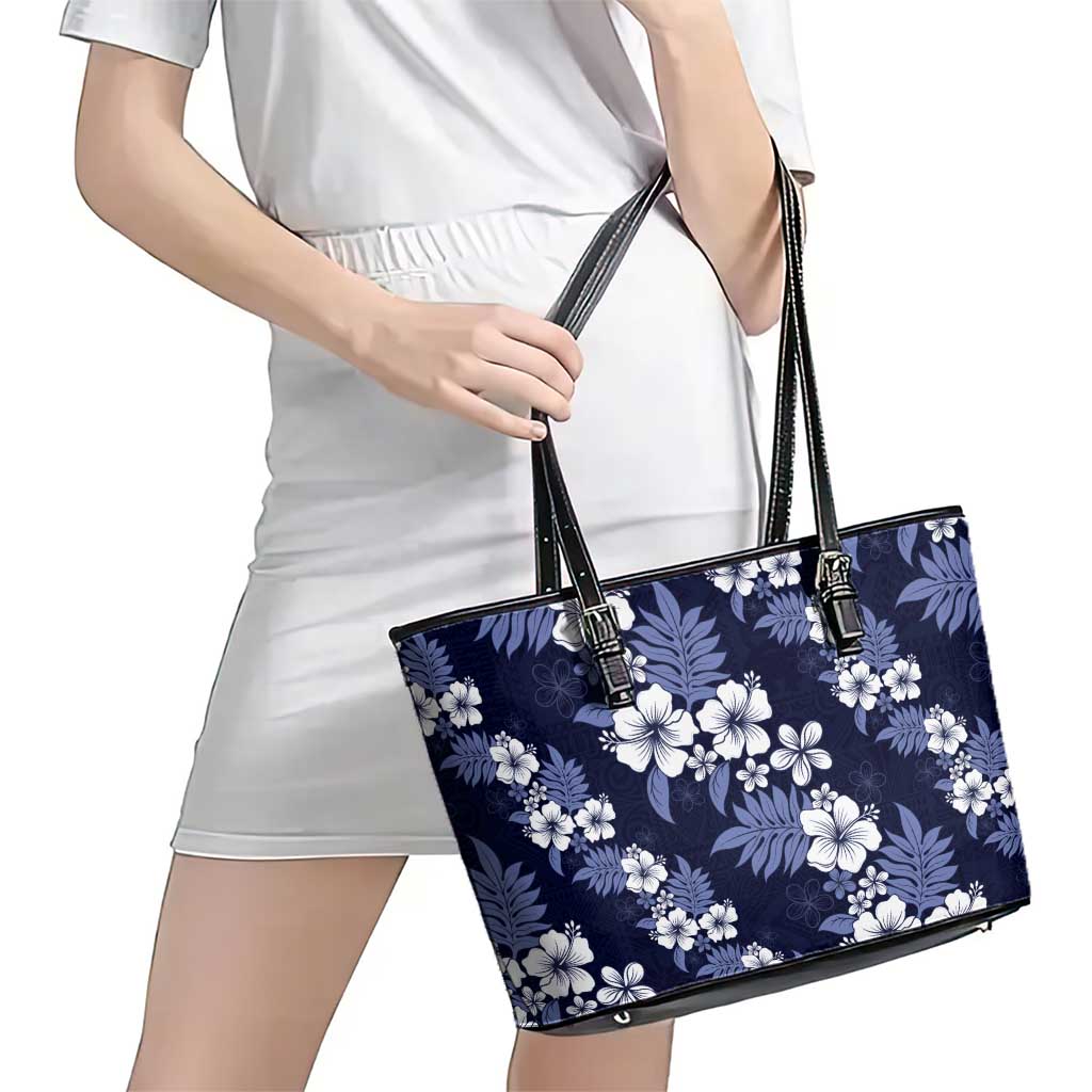 Hawaiian Hibiscus Tribal Floral Blue Leather Tote Bag Polynesian Tapa Pattern LT01 - Polynesian Pride