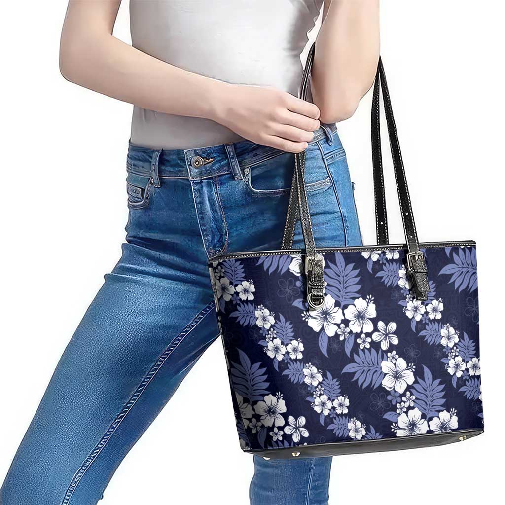 Hawaiian Hibiscus Tribal Floral Blue Leather Tote Bag Polynesian Tapa Pattern LT01 - Polynesian Pride