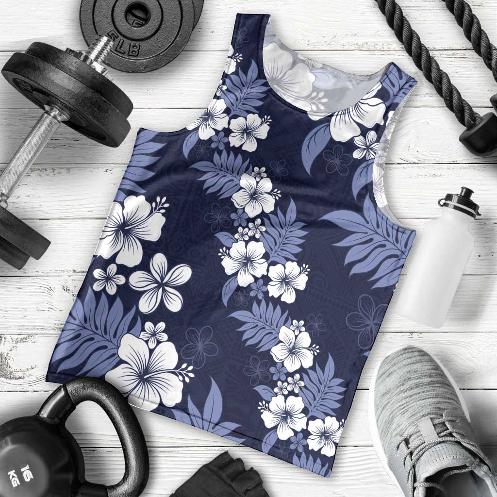 Hawaiian Hibiscus Tribal Floral Blue Men Tank Top Polynesian Tapa Pattern - Polynesian Pride