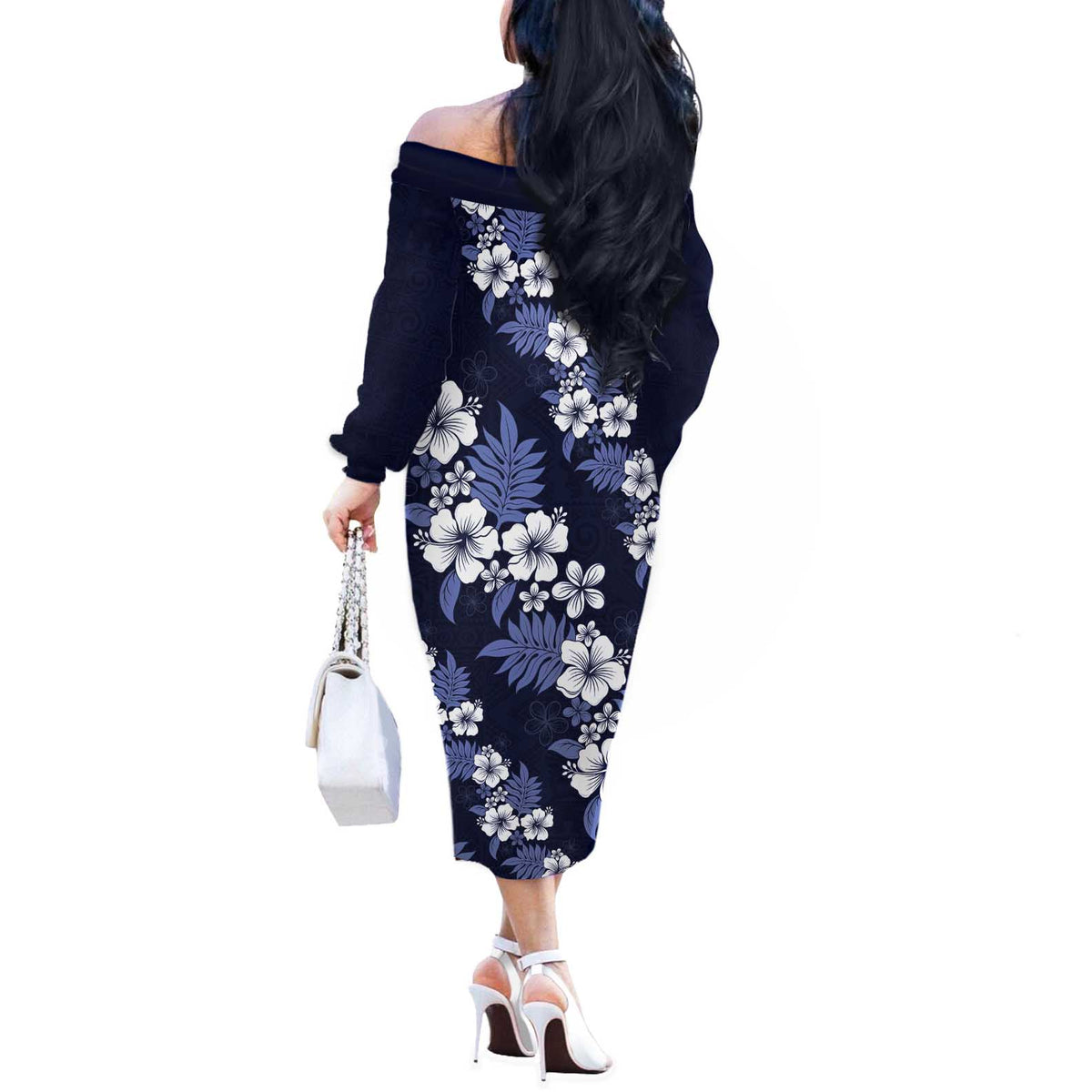 Hawaiian Hibiscus Tribal Floral Blue Off The Shoulder Long Sleeve Dress Polynesian Tapa Pattern - Polynesian Pride