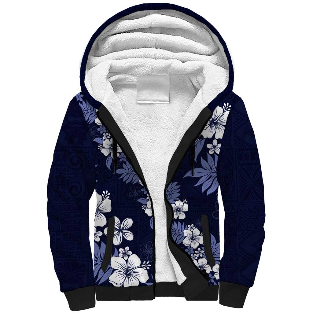 Hawaiian Hibiscus Tribal Floral Blue Sherpa Hoodie Polynesian Tapa Pattern - Polynesian Pride