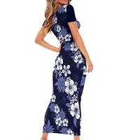 Hawaiian Hibiscus Tribal Floral Blue Short Sleeve Bodycon Dress Polynesian Tapa Pattern - Polynesian Pride