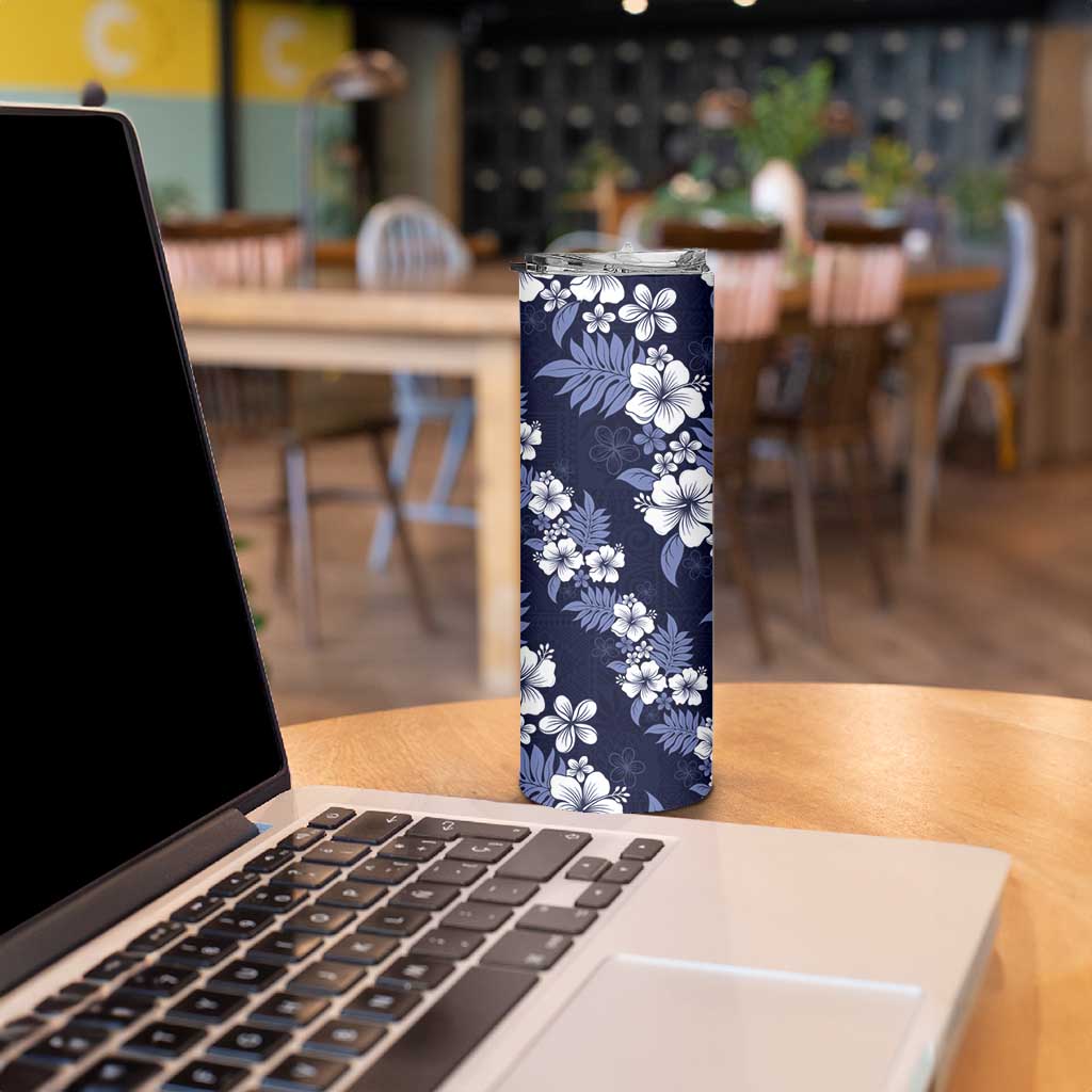 Hawaiian Hibiscus Tribal Floral Blue Skinny Tumbler Polynesian Tapa Pattern - Polynesian Pride