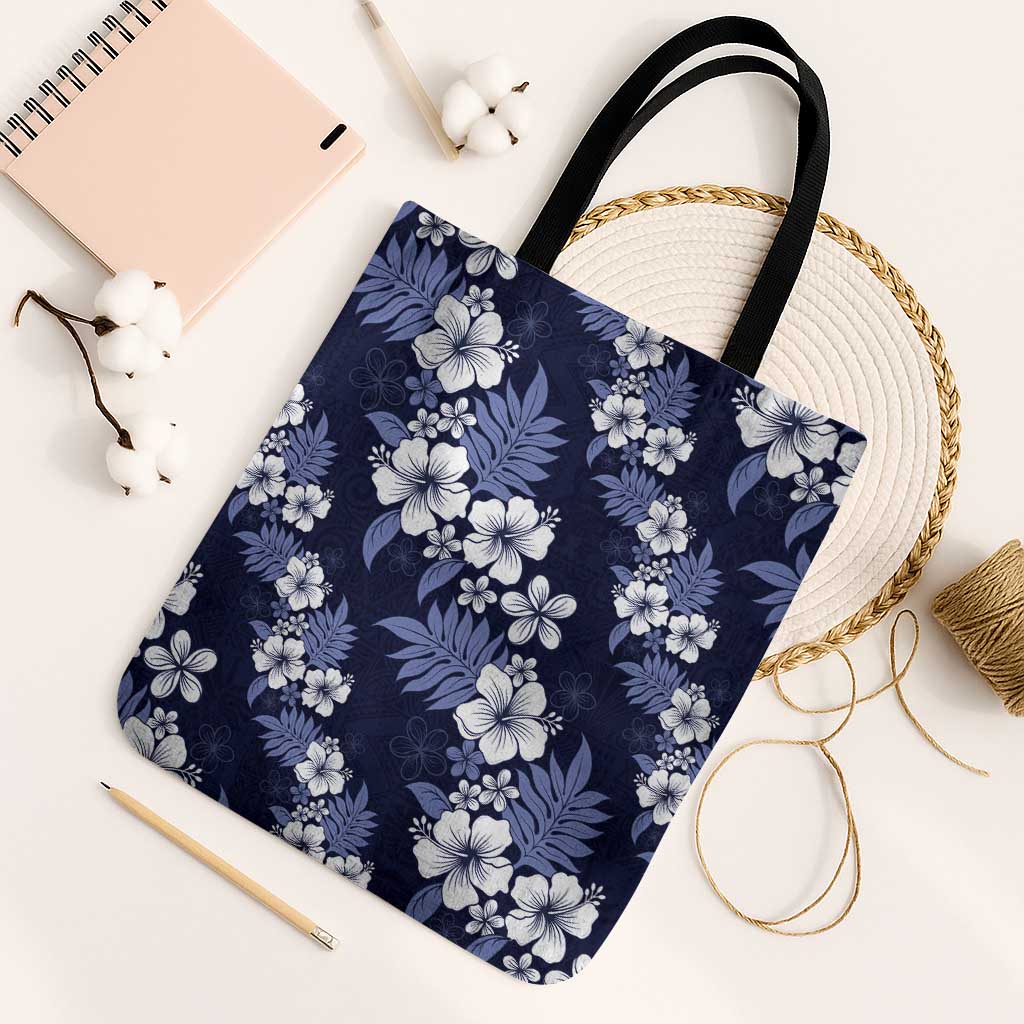 Hawaiian Hibiscus Tribal Floral Blue Tote Bag Polynesian Tapa Pattern - Polynesian Pride