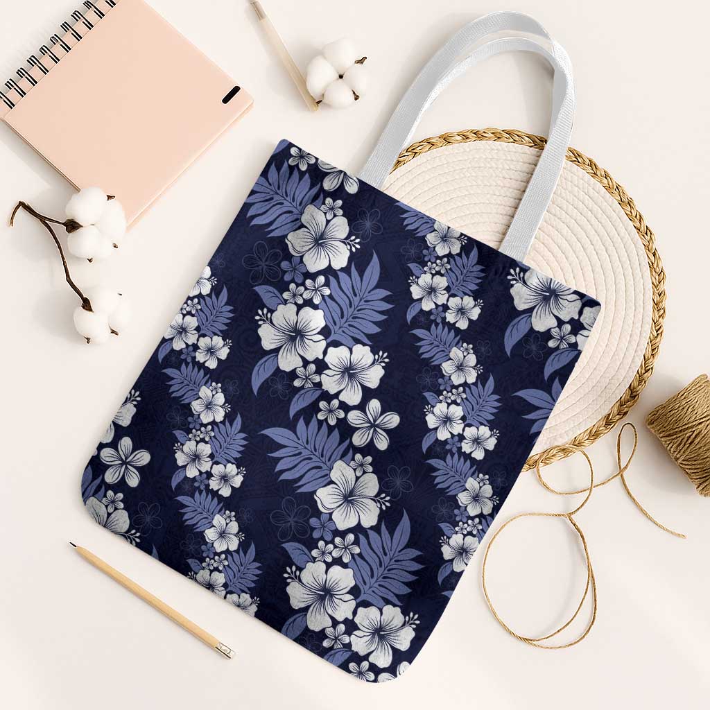Hawaiian Hibiscus Tribal Floral Blue Tote Bag Polynesian Tapa Pattern - Polynesian Pride