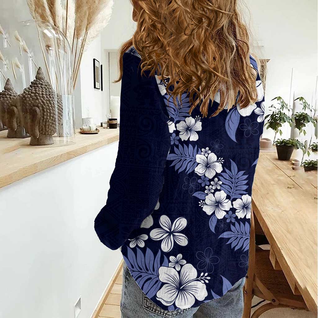 Hawaiian Hibiscus Tribal Floral Blue Women Casual Shirt Polynesian Tapa Pattern - Polynesian Pride