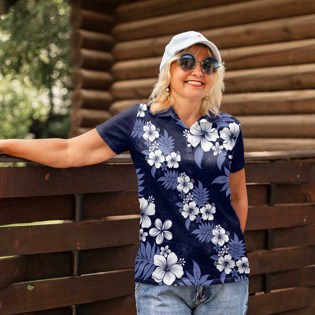 Hawaiian Hibiscus Tribal Floral Blue Women Polo Shirt Polynesian Tapa Pattern - Polynesian Pride