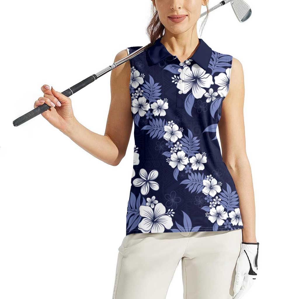 Hawaiian Hibiscus Tribal Floral Blue Women Sleeveless Polo Shirt Polynesian Tapa Pattern - Polynesian Pride