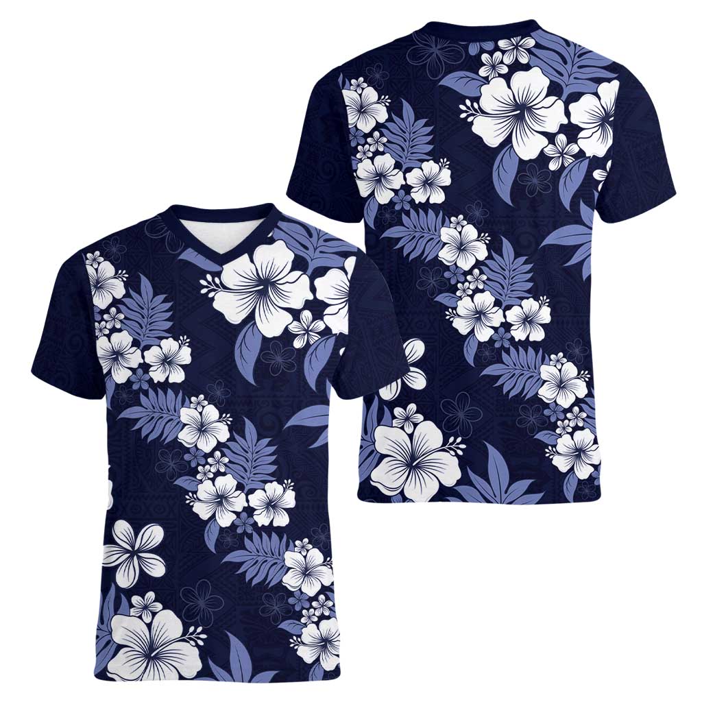 Hawaiian Hibiscus Tribal Floral Blue Women V-Neck T-Shirt Polynesian Tapa Pattern - Polynesian Pride