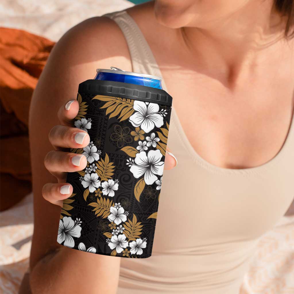 Hawaiian Hibiscus Tribal Floral Brown 4 in 1 Can Cooler Tumbler Polynesian Tapa Pattern - Polynesian Pride