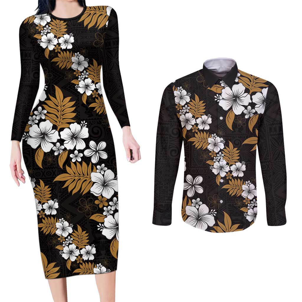 Hawaiian Hibiscus Tribal Floral Brown Couples Matching Long Sleeve Bodycon Dress and Long Sleeve Button Shirt Polynesian Tapa Pattern - Polynesian Pride
