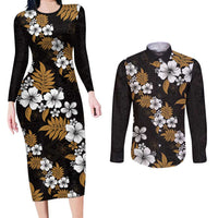 Hawaiian Hibiscus Tribal Floral Brown Couples Matching Long Sleeve Bodycon Dress and Long Sleeve Button Shirt Polynesian Tapa Pattern - Polynesian Pride