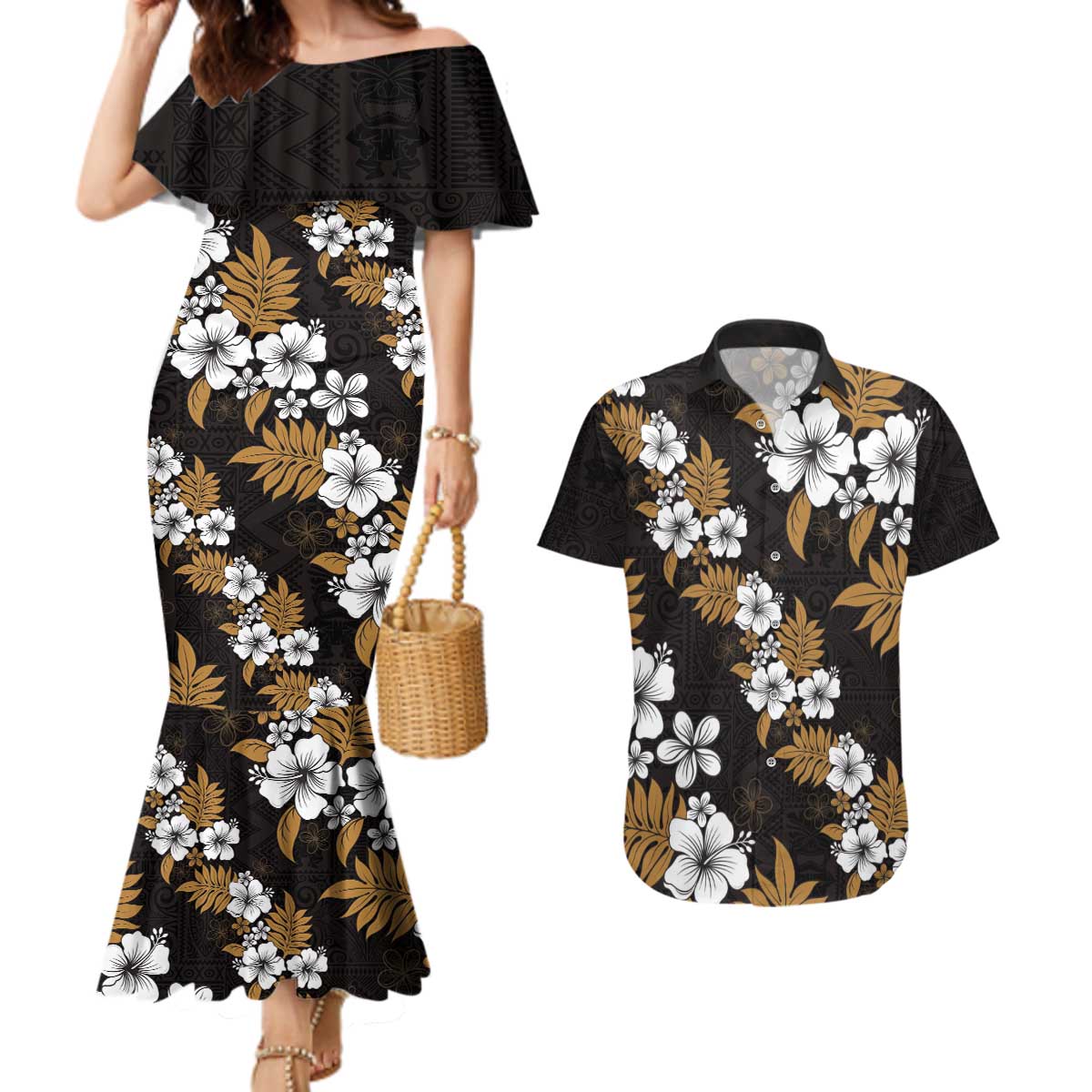 Hawaiian Hibiscus Tribal Floral Brown Couples Matching Mermaid Dress and Hawaiian Shirt Polynesian Tapa Pattern - Polynesian Pride