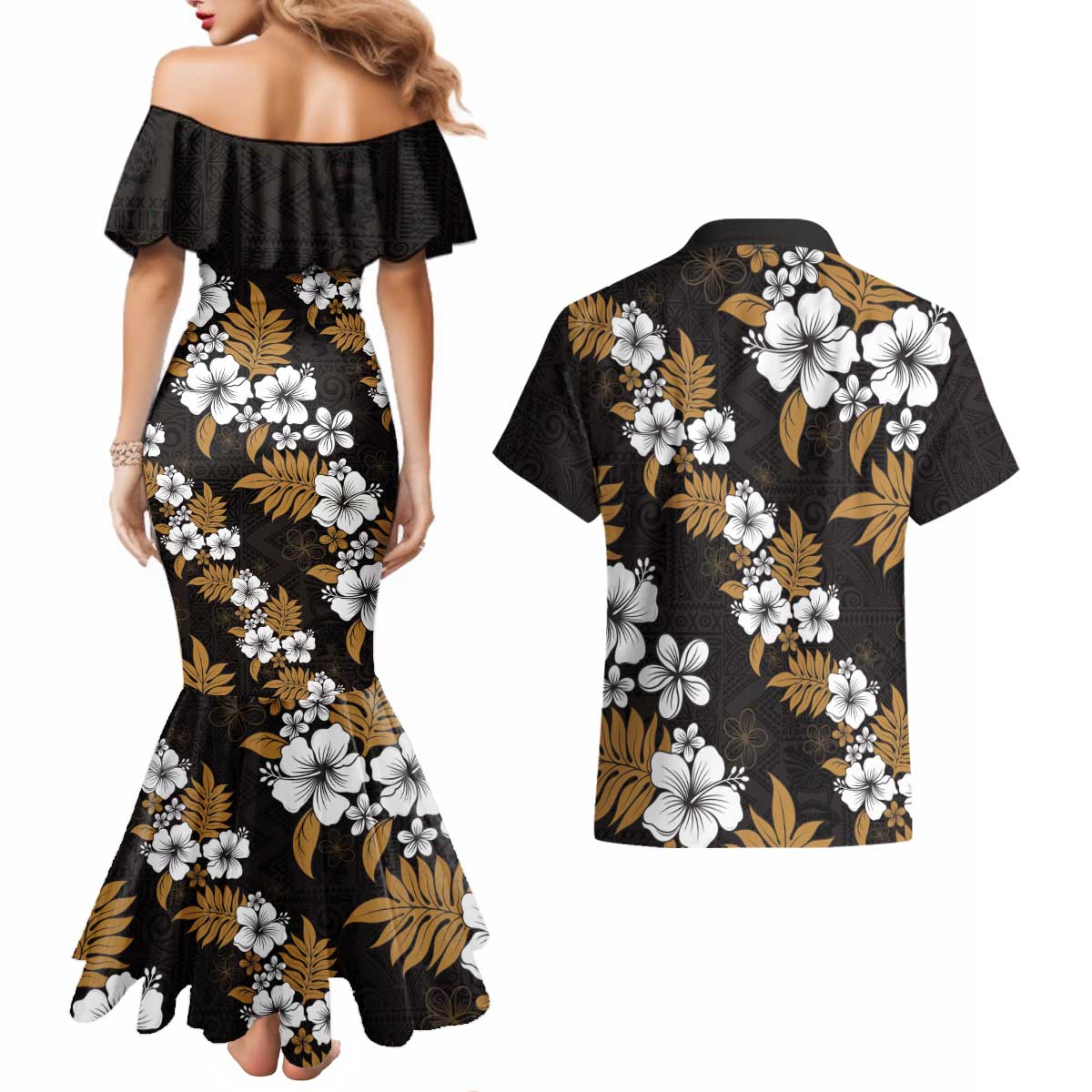 Hawaiian Hibiscus Tribal Floral Brown Couples Matching Mermaid Dress and Hawaiian Shirt Polynesian Tapa Pattern - Polynesian Pride
