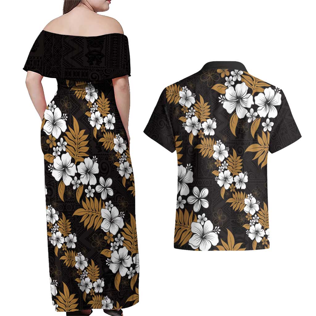 Hawaiian Hibiscus Tribal Floral Brown Couples Matching Off Shoulder Maxi Dress and Hawaiian Shirt Polynesian Tapa Pattern - Polynesian Pride