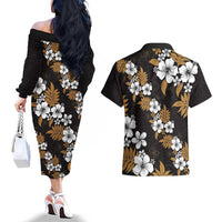 Hawaiian Hibiscus Tribal Floral Brown Couples Matching Off The Shoulder Long Sleeve Dress and Hawaiian Shirt Polynesian Tapa Pattern LT01 - Polynesian Pride