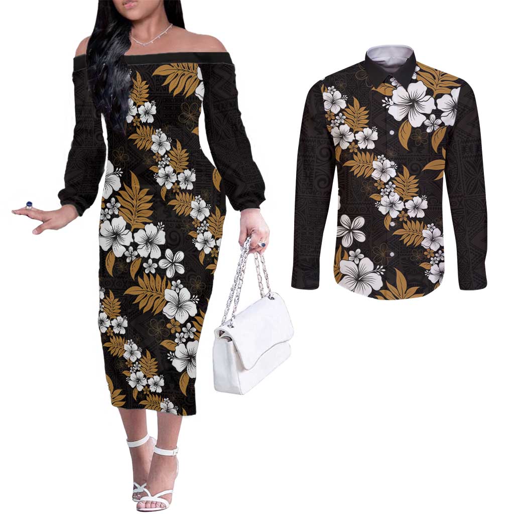Hawaiian Hibiscus Tribal Floral Brown Couples Matching Off The Shoulder Long Sleeve Dress and Long Sleeve Button Shirt Polynesian Tapa Pattern - Polynesian Pride