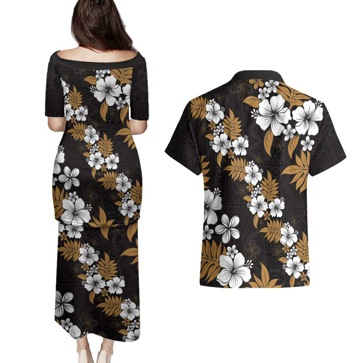 Hawaiian Hibiscus Tribal Floral Brown Couples Matching Puletasi and Hawaiian Shirt Polynesian Tapa Pattern - Polynesian Pride