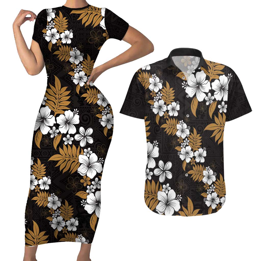 Hawaiian Hibiscus Tribal Floral Brown Couples Matching Short Sleeve Bodycon Dress and Hawaiian Shirt Polynesian Tapa Pattern LT01 Brown - Polynesian Pride