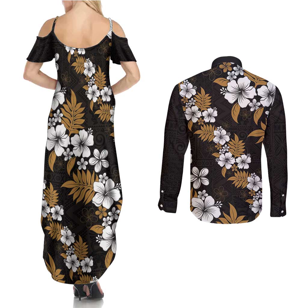 Hawaiian Hibiscus Tribal Floral Brown Couples Matching Summer Maxi Dress and Long Sleeve Button Shirt Polynesian Tapa Pattern - Polynesian Pride