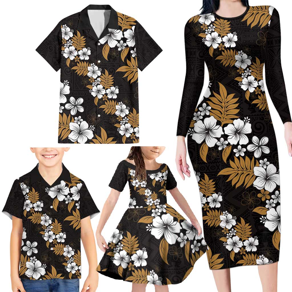 Hawaiian Hibiscus Tribal Floral Brown Family Matching Long Sleeve Bodycon Dress and Hawaiian Shirt Polynesian Tapa Pattern LT01 - Polynesian Pride