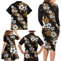 Hawaiian Hibiscus Tribal Floral Brown Family Matching Long Sleeve Bodycon Dress and Hawaiian Shirt Polynesian Tapa Pattern LT01 - Polynesian Pride