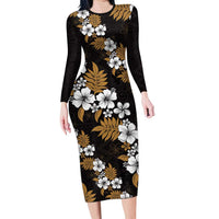 Hawaiian Hibiscus Tribal Floral Brown Family Matching Long Sleeve Bodycon Dress and Hawaiian Shirt Polynesian Tapa Pattern LT01 Mom's Dress Brown - Polynesian Pride