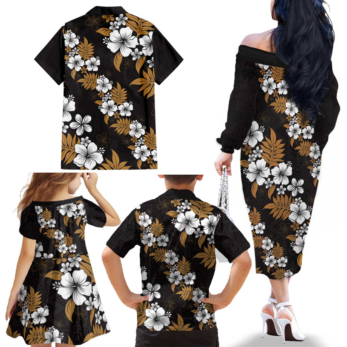 Hawaiian Hibiscus Tribal Floral Brown Family Matching Off The Shoulder Long Sleeve Dress and Hawaiian Shirt Polynesian Tapa Pattern LT01 - Polynesian Pride