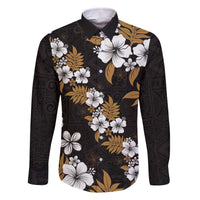 Hawaiian Hibiscus Tribal Floral Brown Family Matching Off The Shoulder Long Sleeve Dress and Hawaiian Shirt Polynesian Tapa Pattern LT01 Dad's Shirt - Long Sleeve Brown - Polynesian Pride