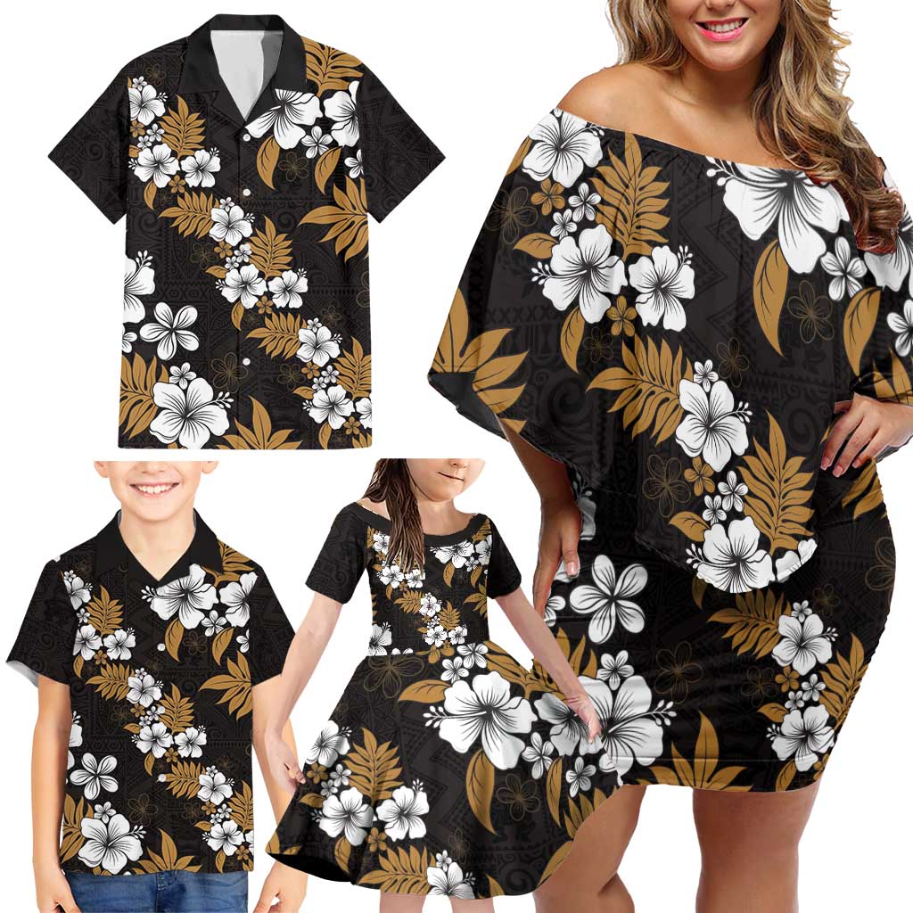 Hawaiian Hibiscus Tribal Floral Brown Family Matching Off Shoulder Short Dress and Hawaiian Shirt Polynesian Tapa Pattern LT01 - Polynesian Pride