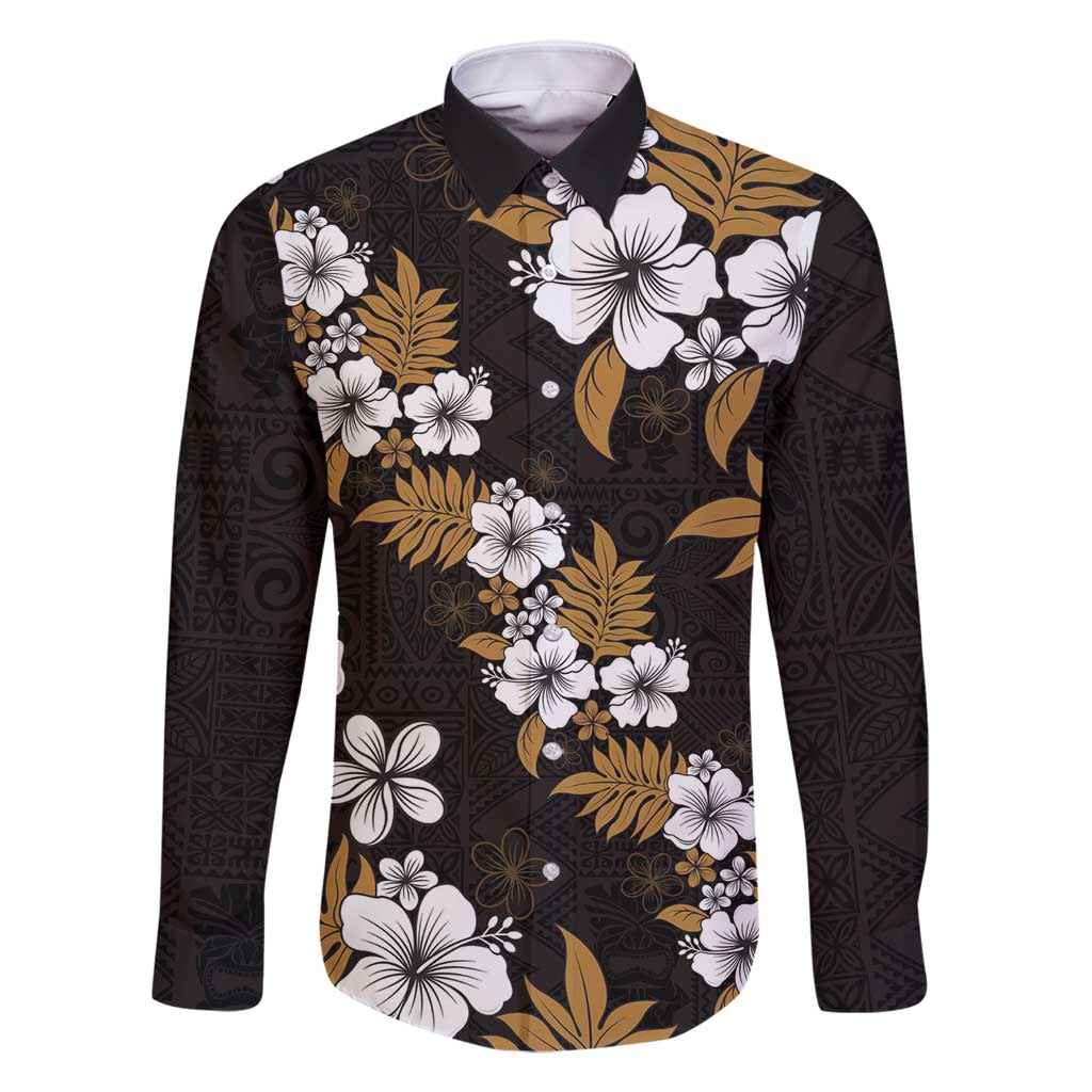 Hawaiian Hibiscus Tribal Floral Brown Family Matching Summer Maxi Dress and Hawaiian Shirt Polynesian Tapa Pattern LT01 Dad's Shirt - Long Sleeve Brown - Polynesian Pride