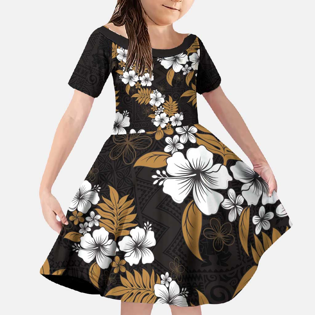 Hawaiian Hibiscus Tribal Floral Brown Family Matching Tank Maxi Dress and Hawaiian Shirt Polynesian Tapa Pattern LT01 Daughter's Dress Brown - Polynesian Pride
