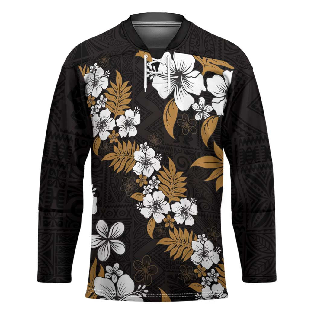 Hawaiian Hibiscus Tribal Floral Brown Hockey Jersey Polynesian Tapa Pattern LT01 Unisex Brown - Polynesian Pride