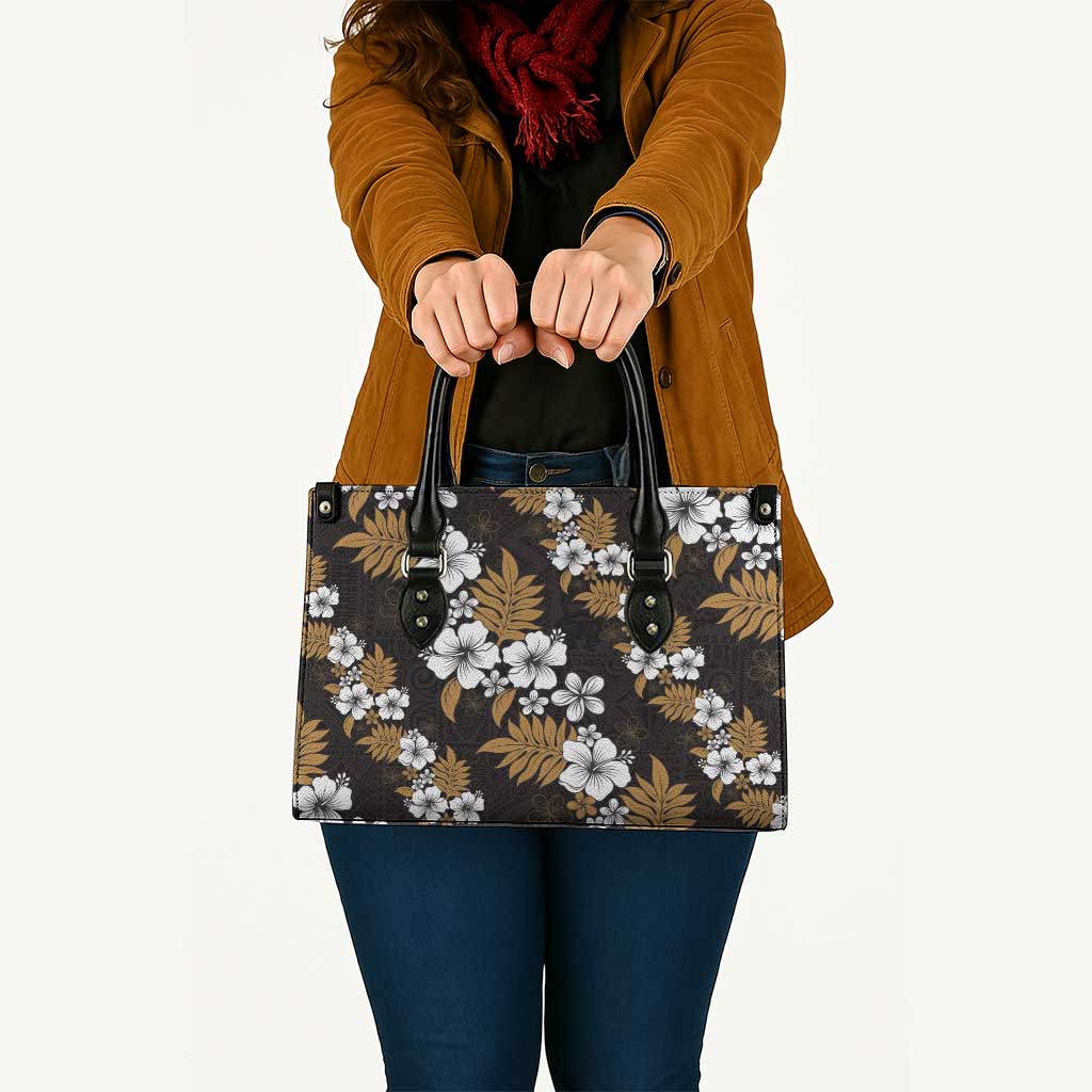 Hawaiian Hibiscus Tribal Floral Brown Leather Bag Polynesian Tapa Pattern - Polynesian Pride