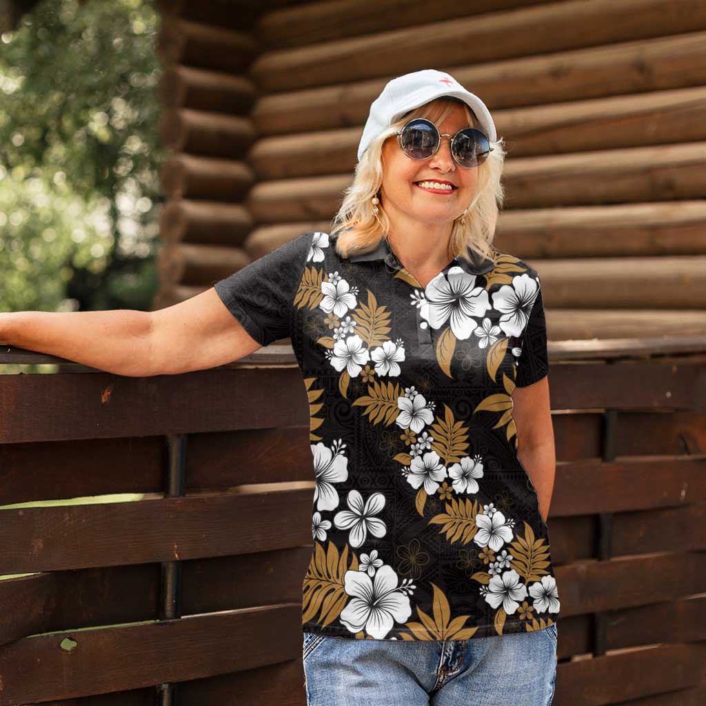 Hawaiian Hibiscus Tribal Floral Brown Women Polo Shirt Polynesian Tapa Pattern - Polynesian Pride