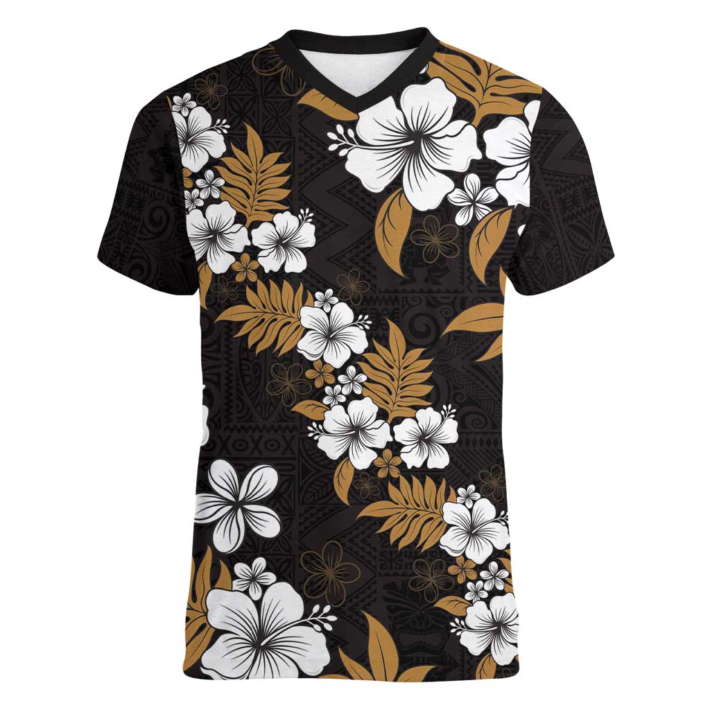 Hawaiian Hibiscus Tribal Floral Brown Women V-Neck T-Shirt Polynesian Tapa Pattern - Polynesian Pride