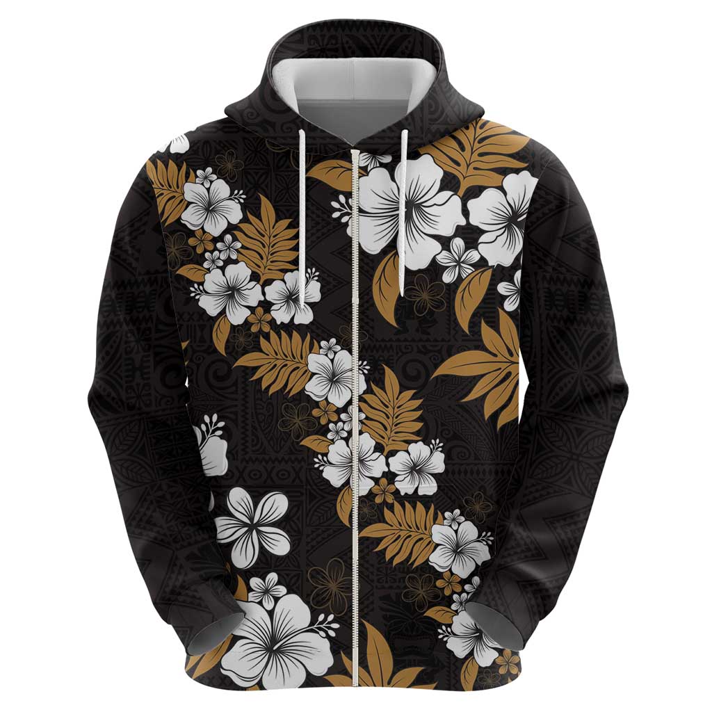 Hawaiian Hibiscus Tribal Floral Brown Zip Hoodie Polynesian Tapa Pattern LT01 - Polynesian Pride