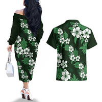 Hawaiian Hibiscus Tribal Floral Green Couples Matching Off The Shoulder Long Sleeve Dress and Hawaiian Shirt Polynesian Tapa Pattern LT01 - Polynesian Pride