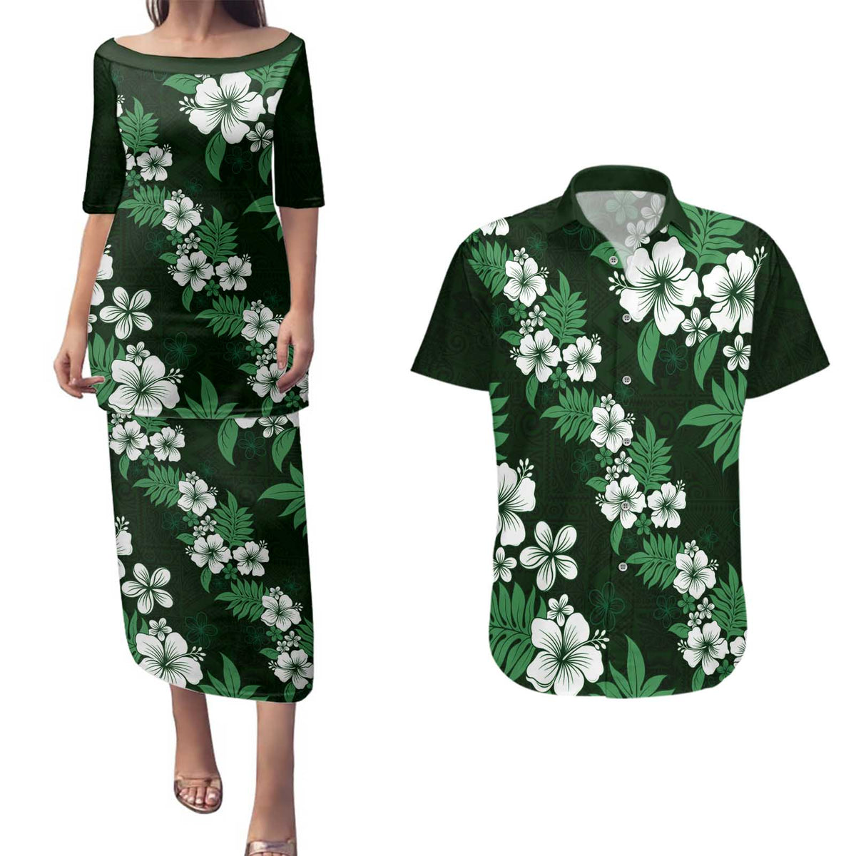 Hawaiian Hibiscus Tribal Floral Green Couples Matching Puletasi and Hawaiian Shirt Polynesian Tapa Pattern - Polynesian Pride