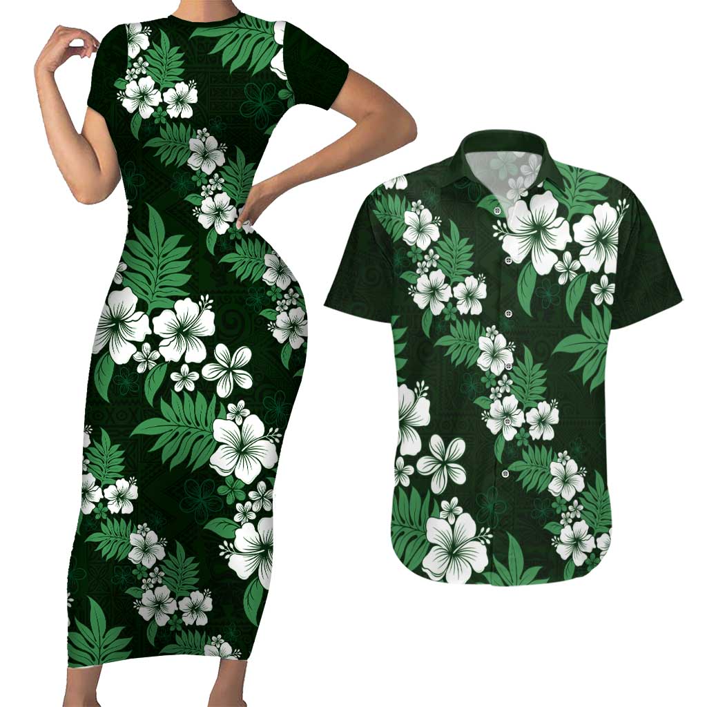 Hawaiian Hibiscus Tribal Floral Green Couples Matching Short Sleeve Bodycon Dress and Hawaiian Shirt Polynesian Tapa Pattern LT01 Green - Polynesian Pride