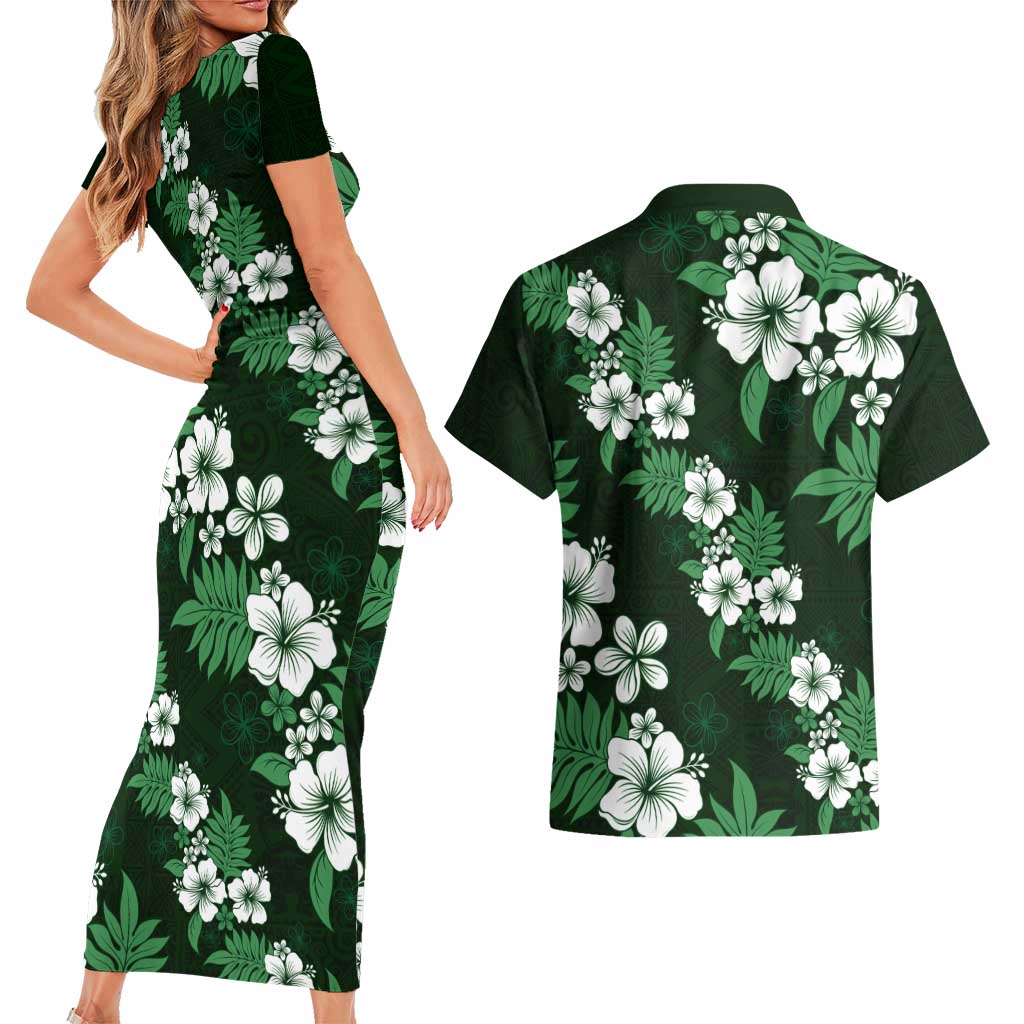 Hawaiian Hibiscus Tribal Floral Green Couples Matching Short Sleeve Bodycon Dress and Hawaiian Shirt Polynesian Tapa Pattern LT01 - Polynesian Pride