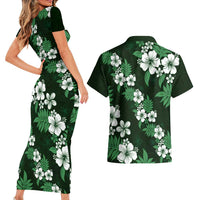 Hawaiian Hibiscus Tribal Floral Green Couples Matching Short Sleeve Bodycon Dress and Hawaiian Shirt Polynesian Tapa Pattern LT01 - Polynesian Pride