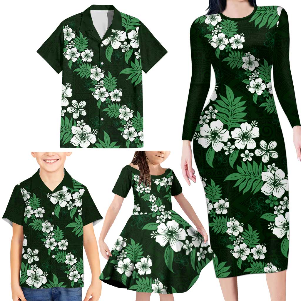 Hawaiian Hibiscus Tribal Floral Green Family Matching Long Sleeve Bodycon Dress and Hawaiian Shirt Polynesian Tapa Pattern LT01 - Polynesian Pride