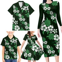 Hawaiian Hibiscus Tribal Floral Green Family Matching Long Sleeve Bodycon Dress and Hawaiian Shirt Polynesian Tapa Pattern LT01 - Polynesian Pride