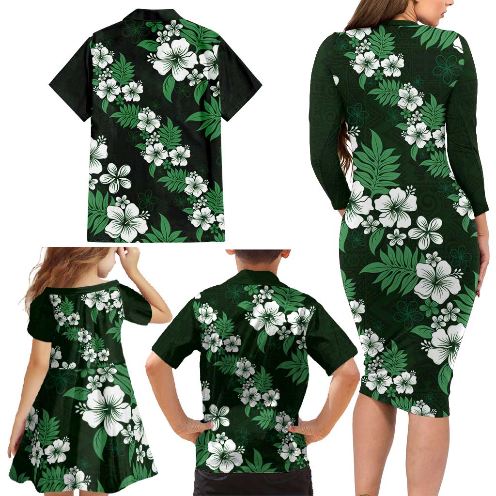 Hawaiian Hibiscus Tribal Floral Green Family Matching Long Sleeve Bodycon Dress and Hawaiian Shirt Polynesian Tapa Pattern LT01 - Polynesian Pride