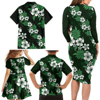 Hawaiian Hibiscus Tribal Floral Green Family Matching Long Sleeve Bodycon Dress and Hawaiian Shirt Polynesian Tapa Pattern LT01 - Polynesian Pride