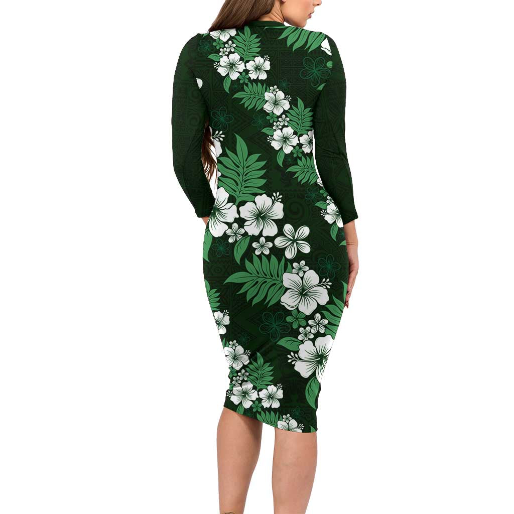 Hawaiian Hibiscus Tribal Floral Green Family Matching Long Sleeve Bodycon Dress and Hawaiian Shirt Polynesian Tapa Pattern LT01 - Polynesian Pride