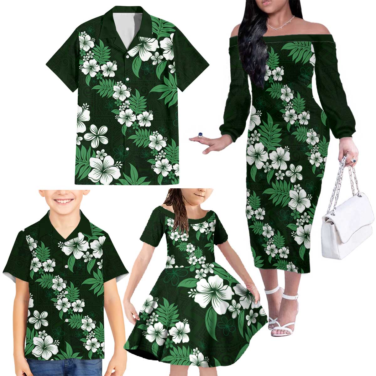 Hawaiian Hibiscus Tribal Floral Green Family Matching Off The Shoulder Long Sleeve Dress and Hawaiian Shirt Polynesian Tapa Pattern LT01 - Polynesian Pride