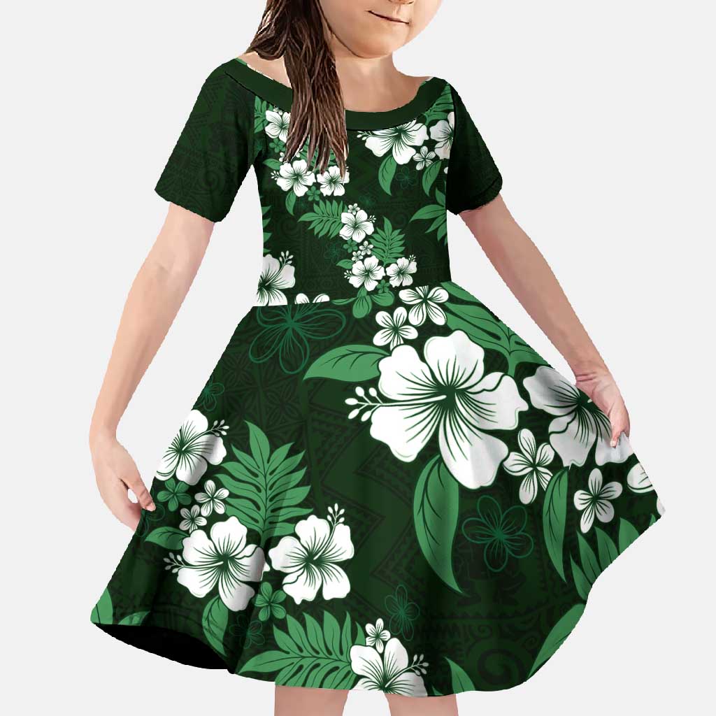 Hawaiian Hibiscus Tribal Floral Green Family Matching Off Shoulder Maxi Dress and Hawaiian Shirt Polynesian Tapa Pattern LT01 Daughter's Dress Green - Polynesian Pride